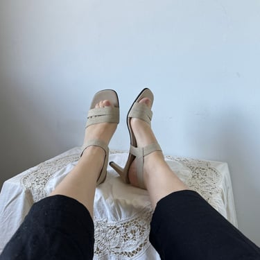 Linen Beige Heeled Sandal | Size 8 