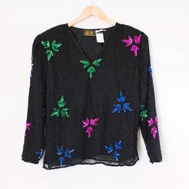 NWT Eve's Allure | Vintage 80s Long Sleeve Black Sequined Trophy Blouse | Size L 