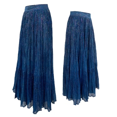 Vtg Vintage 1970s 70s Blue Metallic Rainbow Indian Gauze Broomstick Midi Skirt 