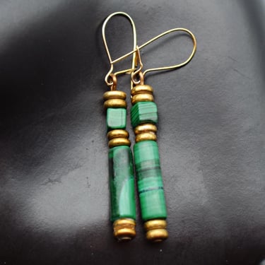 70's malachite columns brass discs hippie dangles, handsome mixed media colorful boho earrings 