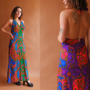 Vintage 70s Psychedelic Colorful Halter Dress/ 1970s Backless Maxi Dress/ Size Medium 