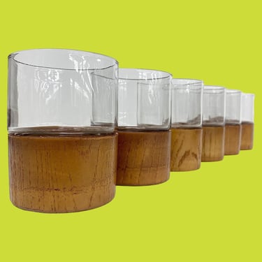 Vintage Whiskey Glasses Retro 1960s Mid Century Modern + Carl Aubock Style + Clear Glass + Plastic Woodgrain Sleeve + Set of 6 + Rocks Glass 