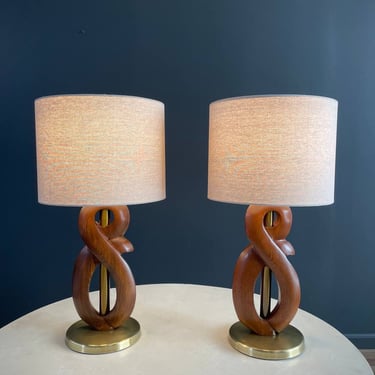 Pair of Mid-Century Modern Sculpted Walnut & Brass Table Lamps by Yasha Heifetz, c.1960’s 