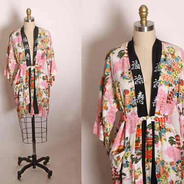 1950s Pink, Black and White Multi-Colored Japanese Character 3/4 Length Sleeve Souvenir Kimono Robe 