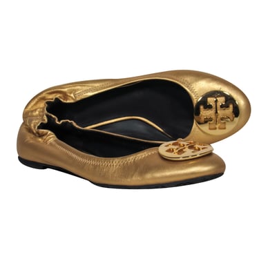 Tory Burch - Gold Leather &quot;Reva&quot; Ballet Flats w/ Gold-Toned Logo Sz 10.5