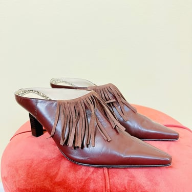Y2K Bisou Bisou Brown Leather Mules / Vintage Western Fringe Pointed Toe Heels / Size 10 