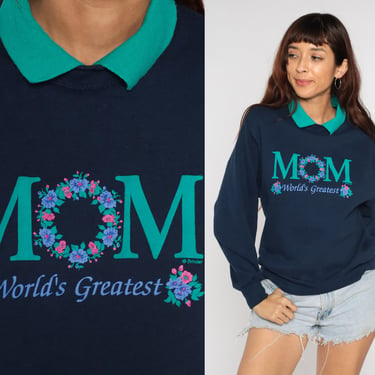 MOM Sweatshirt 90s World's Greatest Mom Shirt Floral Print Collared Crewneck Navy Blue Gift Top 1990s Pullover Vintage Extra Small xs 