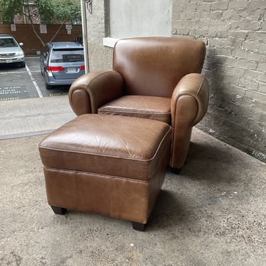 Art Deco Style Leather Club Chair & Ottoman