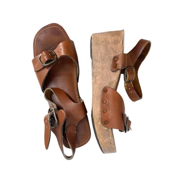 70s mens platform sandals size 10, vintage 1970s brown leather wood wedges, platforms shoes sandals rare glam rock hippy 