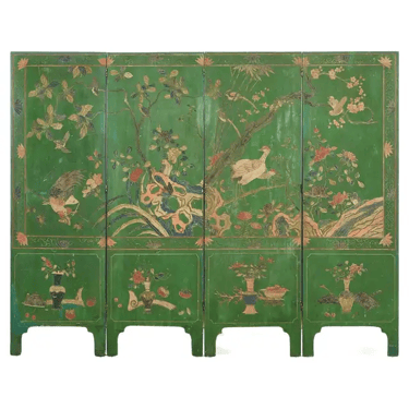 Chinese Export Green Lacquered Four-Panel Coromandel Screen