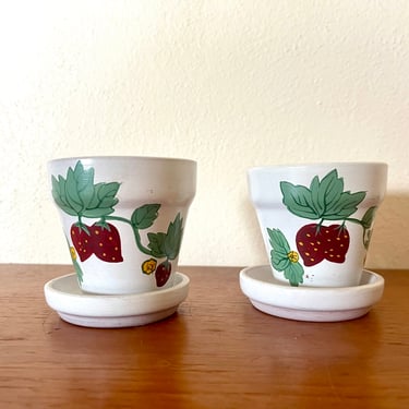 Vintage 80s Pair of Hand Painted Strawberry Mini Terra Cotta Pots 