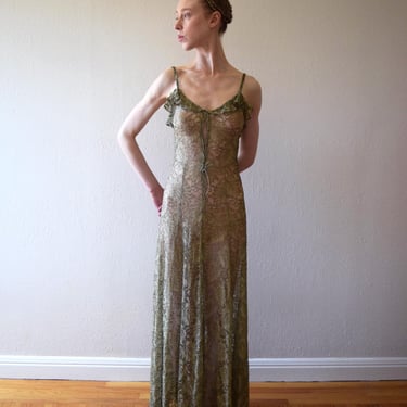 1930s lace gown . vintage 30s lamé dress . size xs to small 