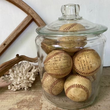 Vintage Baseballs Decor, Jar Of Old Baseballs Some With Game References, Apothecary Jar With 9 Balls, Sports Man Cave, Baseball Lover 
