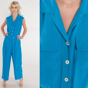 Blue Silk Jumpsuit 70s 80s Pantsuit Sleeveless Button up High Waisted Collared V Neck Retro Romper Pants Basic Chic Vintage 1980s Small S 