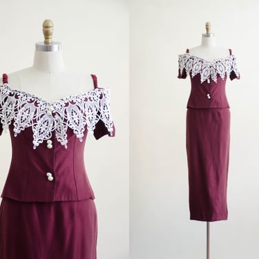 corset and skirt set | 80s 90s vintage dark red burgundy formal lace collar off shoulder top and maxi skirt 