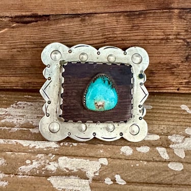 PICTURE THIS 50's Nickel Belt Buckle w/ Set Turquoise and Wood | 36g Belt Buckle | Native American Southwestern Style Jewelry, Boho, Silver 