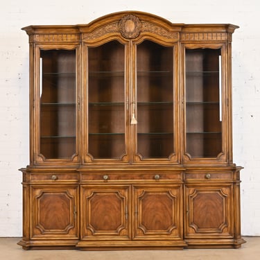 Karges French Regency Louis XVI Burled Walnut Breakfront Bookcase Cabinet, Circa 1960s