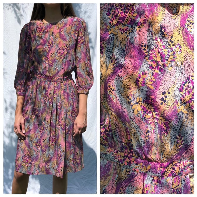 1980's Silk Dress / Gloria Vanderbilt Designer Printed Silk Dress / Colorful Purple Pink Black Blue Printed Silk Dress / Puffed Sleeves 