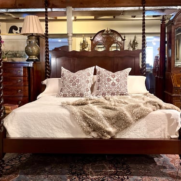 Custom Welsh Barley Twist Bed in Spanish Cedar, King Size with Paneled Wave Headboard</p#x3E; SKU: JR101024<p#x3E; </p#x3E;<p#x3E;