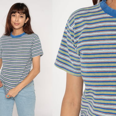 Striped T-Shirt 90s Blue Shirt Ringer Tee Basic TShirt Streetwear Casual Crewneck Short Sleeve Top Red Yellow Green Vintage 1990s Cotton XS 