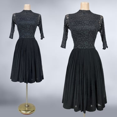 VINTAGE 50s 60s Black Lace Fit & Flare Illusion Party Dress | 1950s 1960s Full Chiffon and Taffeta Cocktail Prom Dress | VFG 