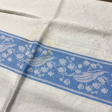 Reversible quality Irish Table Linen~ Tablecloth 44” X 42” Vintage Bistro Card Table White Diamond, Blue Shades, Lily of the Valley 