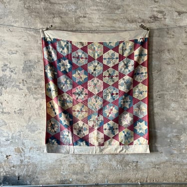 Antique Star Block Hand Stitched Salvaged Textiles Quilt 71 x 60 
