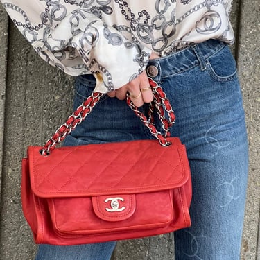 Vintage 90's CHANEL CC Logo Denim Red Leather Chain 