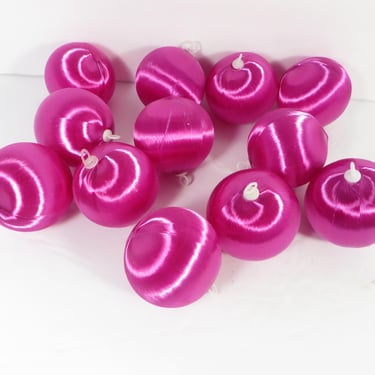 Vintage Pink Magenta Satin String Ball Ornaments - 12 Pink Satin String Tree Ornaments 