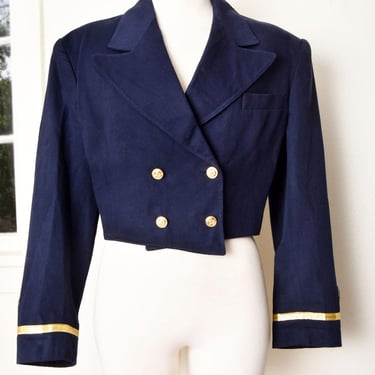 80's FORENZA Blue Military style Cropped Short Jacket Vintage 1980's Navy Nautical Blue, Double Breasted, size Medium, Cotton 