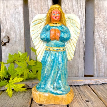 VINTAGE: 9" Hand Carved Wooden Angle - Signed Statue - Religious Statues - - SKU 23-C-00034341 