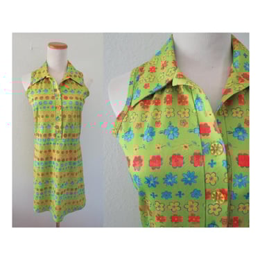 Vintage 90s Floral Dress - Sleeveless Bold Daisy Flower Groovy 60s Style Print - Size Small 