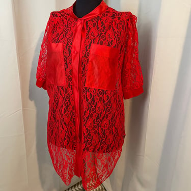 Sheer Red Lace Nightie Top Blouse 70s vintage fantasy lingerie L 