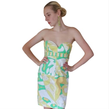 Vintage Y2K Pucci Strapless Cotton Print Dress Yellow Green Floral NWOT 