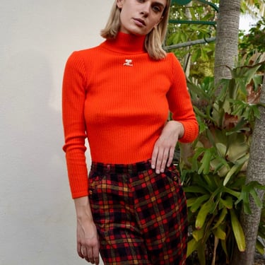 Vintage Courreges Sweater / 1970's Turtleneck Ribbed Sweater / Bright Orange Knit Top / Space Age Sixties Seventies Iconic Designer Couture 