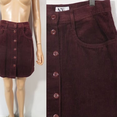 Vintage 90s Chocolate Brown Chunky Corduroy Button Front Mini Skirt Size 28 Waist 