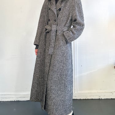 Grey Herringbone Tweed Wool Wrap Coat (M)