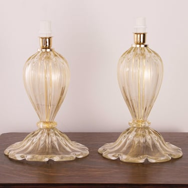 Set of 2 Murano glass table lamps in clear and gold leaf colour, elegant handmade lighting Made in Italy 