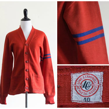 Vintage 1930s Orange/Red Athletic Cardigan with Striped Sleeve 