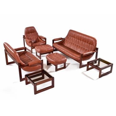 Percival Lafer Leather and Rosewood Complete Living Room Set Sofa Loveseat Armchair Ottomans End Tables 