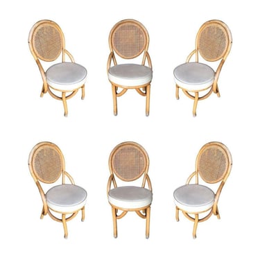 Restored Rattan Dining Side Chair w/ Round Woven Wicker Seat, Set of Six 