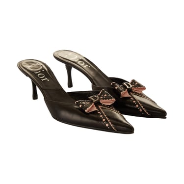 Dior Black Logo Studded Bow Kitten Heels | Treasures of NYC