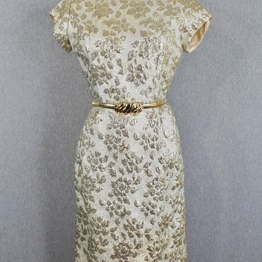 1950s Champagne Gold Wiggle Dress - 50s Shift Dress - Gold Lame Cocktail Dress - Hostess Dress 