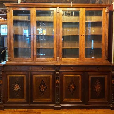 Large Antique Hutch W Flower Painted Doors and Carved Accents