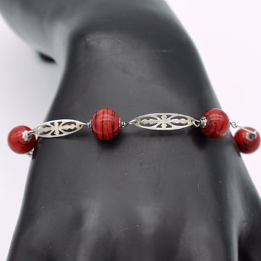 70's Art Nouveau style sterling links bead bracelet, red striped ceramic pointed 925 silver ovals goth stacker 