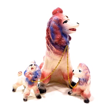 VINTAGE: LARGE Ceramic Poodle Family - Chained Dog Set - Handcrafted - Hand Painted - Gift Idea - SKU 23-D-00010354 
