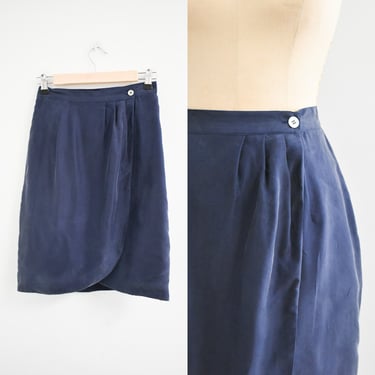 1990s Navy Sueded Silk Mini Skirt 