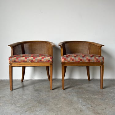 Mid-Century Modern Wormley - Style Barrel and Caned Back Armchairs - a Pair 