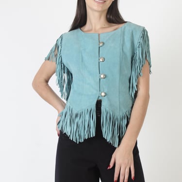 Pioneer Wear Turquoise Fringe Vest, Womens Southwestern Suede, Country Western Coat, Size 8 