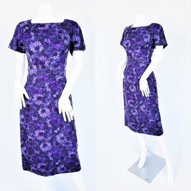 1960's Purple Aster Floral Print Wool Blend Wiggle Dress I Sz Med 